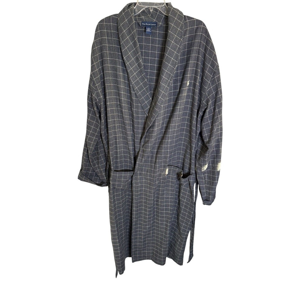 Polo Ralph Lauren Robe Men S/M Gray Plaid Excellent Cotton Windowpane Loungewear